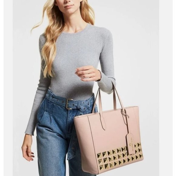 MICHAEL KORS Sinclair East West large studs leather medium tote bag - PINK - Picture 2 of 14